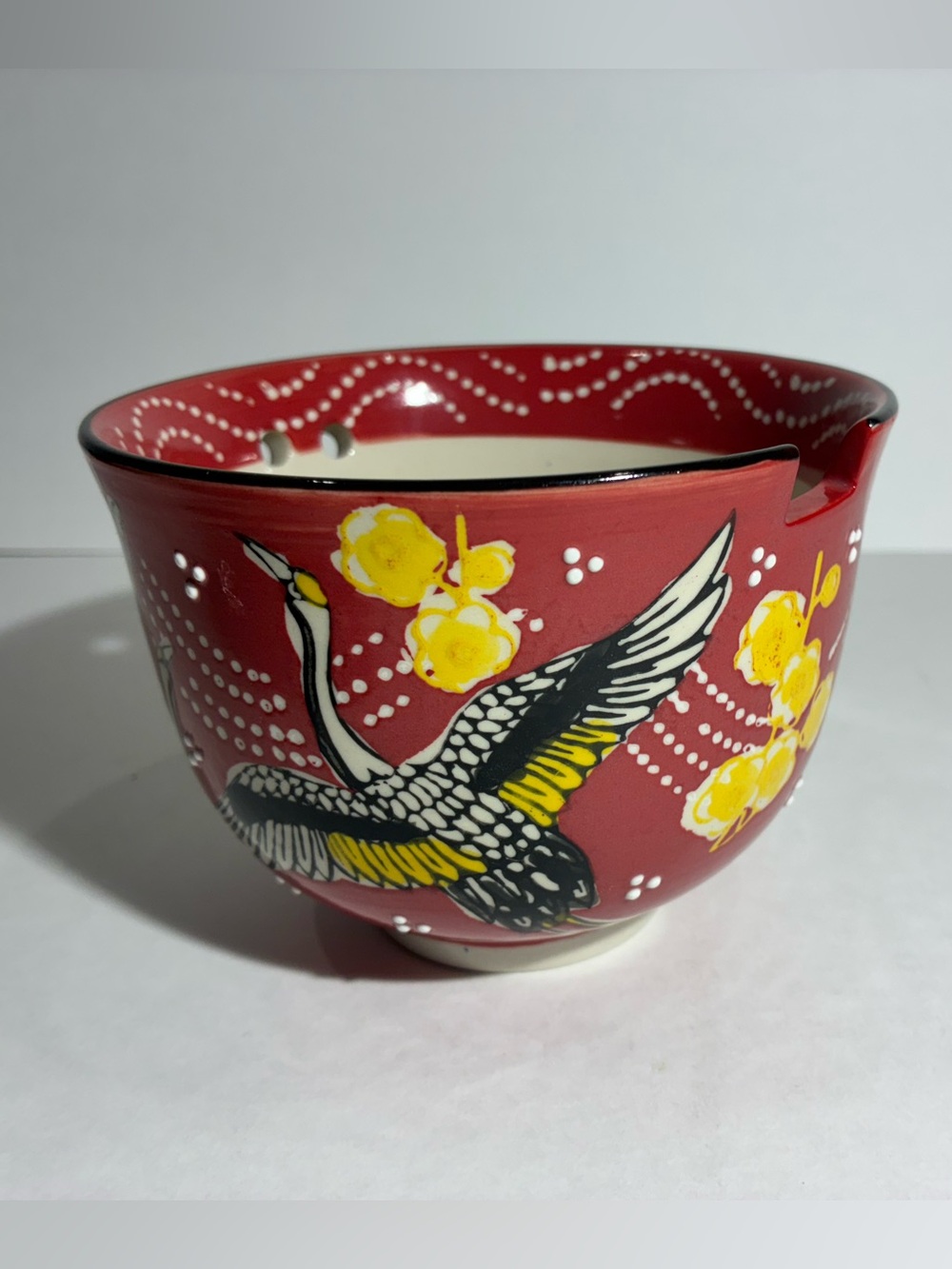 Mira Designs FMC Ceramic Ramen Bowl Crane Chopstick Holder Red Noodle Bowl